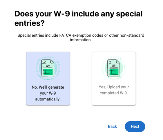 Screenshot of W-9 selection options