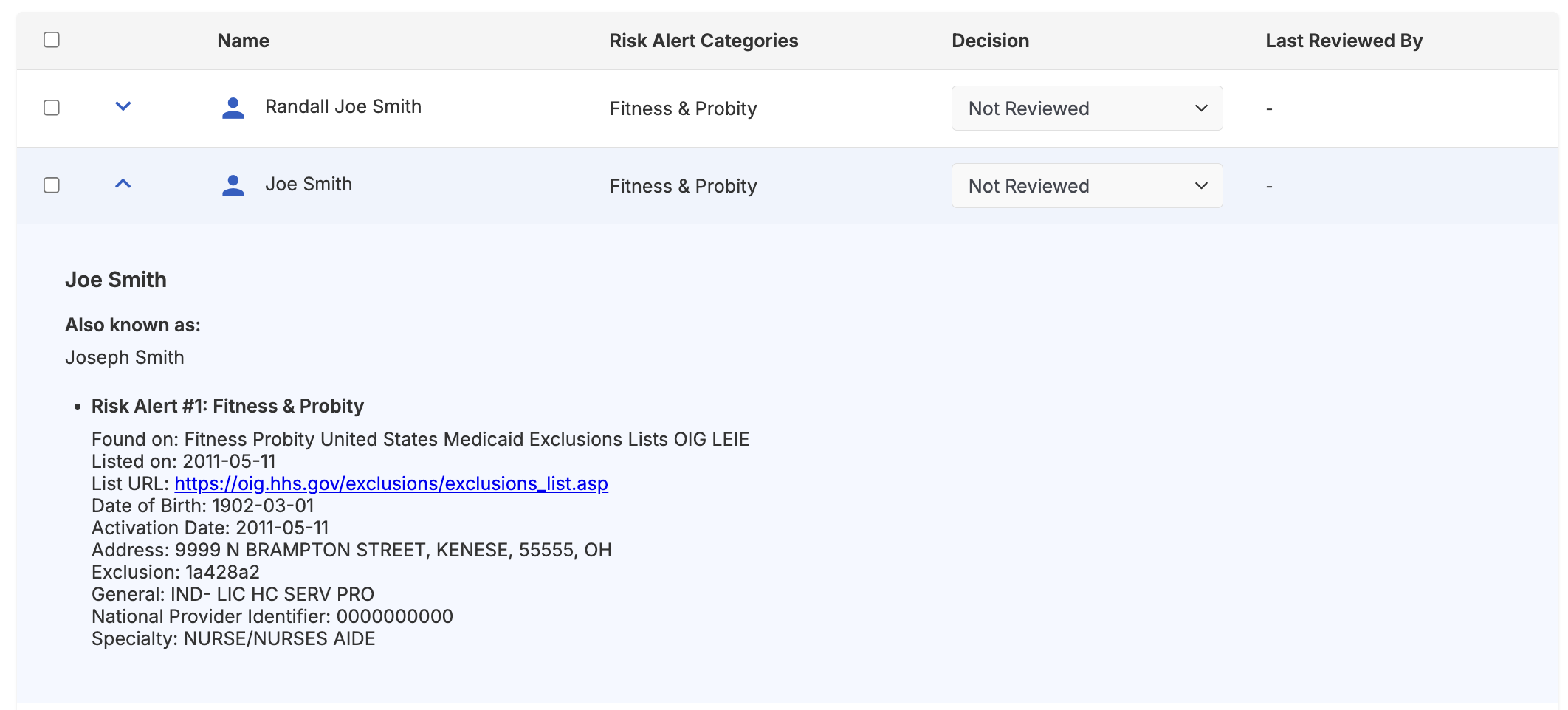 Review Reported Case Ui Sanctions and Watchlists Review Screening Report User Interface (UI)